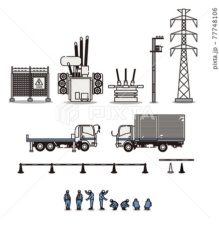 作業員と電気工事や作業に使える素材セットのイラスト素材