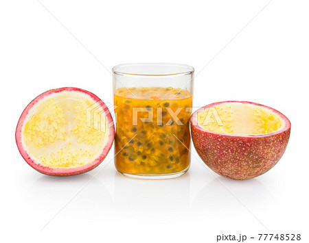 Passion fruit with fresh juice isolated on white background close-up Passion fruit with fresh juice isolated on white background close-up 77748528