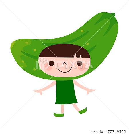 キュウリのキャラクター 夏野菜の胡瓜の被り物をして楽しそうに踊っている子どものイラスト のイラスト素材