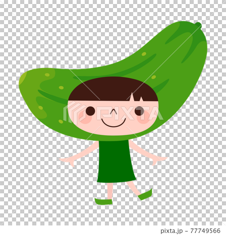 キュウリのキャラクター 夏野菜の胡瓜の被り物をして楽しそうに踊っている子どものイラスト のイラスト素材