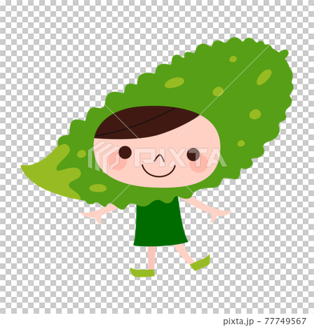 ゴーヤのキャラクター 夏野菜のゴーヤの被り物をして楽しそうに踊っている子どものイラスト のイラスト素材