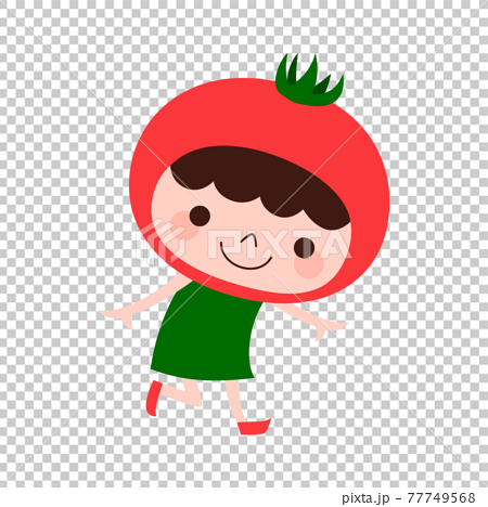 トマトのキャラクター 夏野菜のトマトの被り物をして楽しそうに踊っている子どものイラスト のイラスト素材