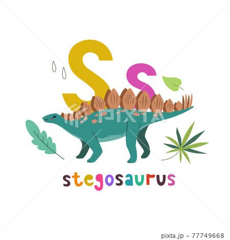 Stegosaurus. Cute cartoon hand drawn illustration with dinosaur and S letter. 77749668