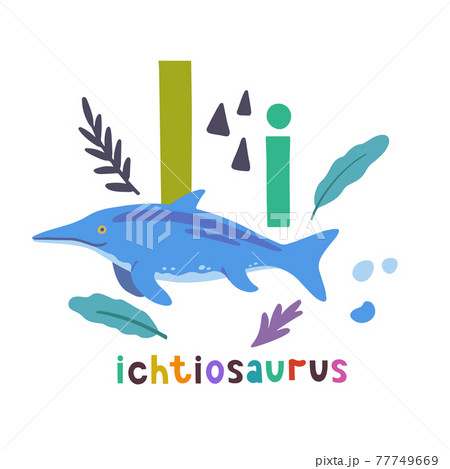 Ichtiosaurus. Cute cartoon hand drawn illustration with dinosaur and I letter. 77749669