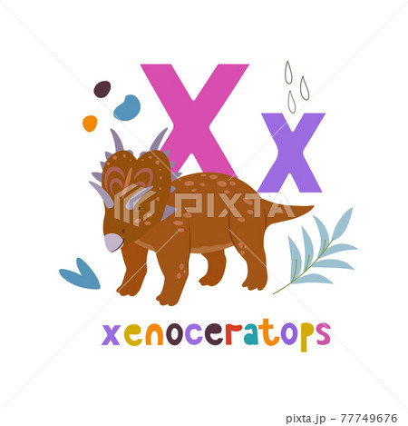 Xenoceratops. Cute cartoon hand drawn illustration with dinosaur and X letter. Xenoceratops. Cute cartoon hand drawn illustration with dinosaur and X letter. 77749676