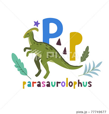 Parasaurolophus. Cute cartoon hand drawn illustration with dinosaur and P letter. Parasaurolophus. Cute cartoon hand drawn illustration with dinosaur and P letter. 77749677