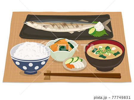 和食 焼き魚定食 さんま のイラスト素材
