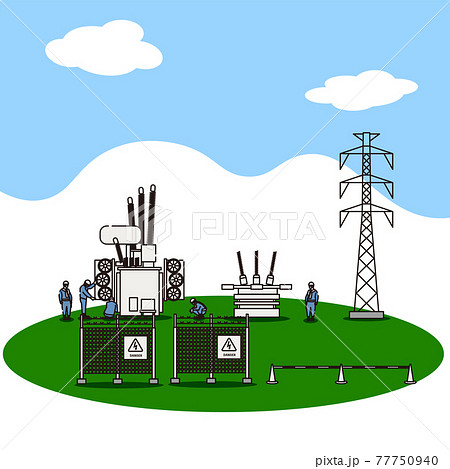 変電所や発電所で働く作業員と変圧器や鉄塔のイラスト素材