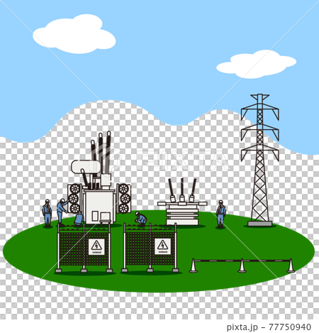 Workers working in substations and power plants and transformers and towers 77750940