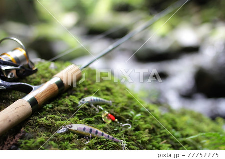 渓流ルアー釣りと清流の緑のイメージの写真素材