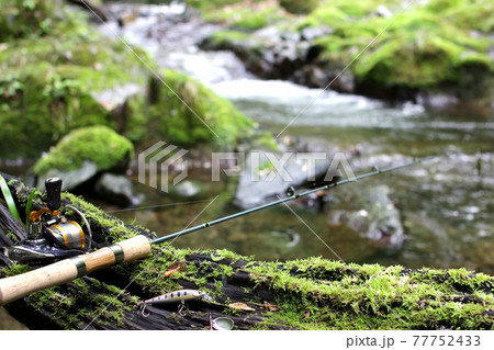 渓流ルアー釣りと清流の緑のイメージの写真素材 渓流ルアー釣りと清流の緑のイメージの写真素材