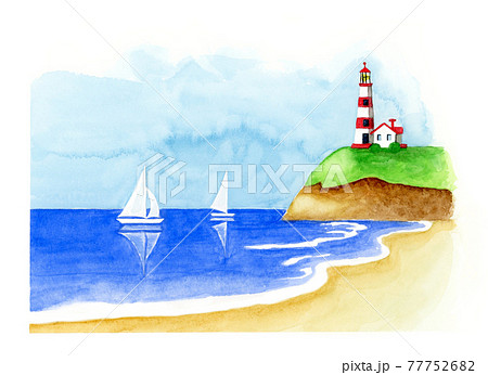 夏の海岸風景 海とヨットと灯台 手描き水彩画 のイラスト素材
