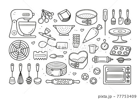 A set of tools for making cakes, cookies and pastries. Doodle confectionery tools - planetary stationary dough mixer, baking pans, measuring spoons. Hand drawn vector illustration on white background 77753409