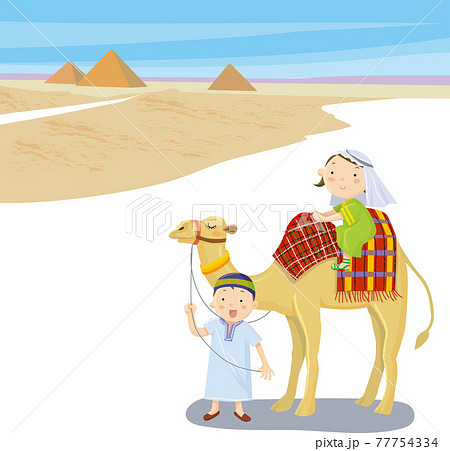 エジプトのピラミッドを背景にラクダに乗る女性のベクターイラストのイラスト素材