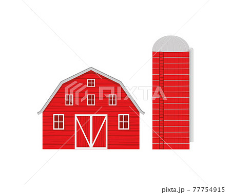 Red wooden barn and agricultural silo for grain storage isolated on white background. American farm buildings front view. Vector cartoon illustration 77754915
