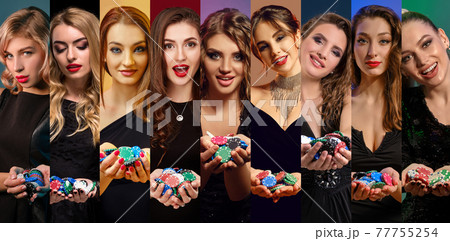 Collage of girls in stylish dresses and jewelry. They smiling, showing handfuls of chips, posing against colorful backgrounds. Poker, casino. Close-up Collage of girls in stylish dresses and jewelry. They smiling, showing handfuls of chips, posing against colorful backgrounds. Poker, casino. Close-up 77755254