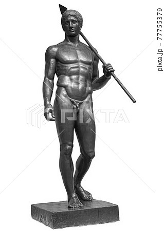 Ancient naked strong man sculpture. Young male athlete with spear statue isolated on white background Ancient naked strong man sculpture. Young male athlete with spear statue isolated on white background 77755379