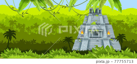 Maya vector pyramid, Aztec ancient temple, Mexican jungle landscape, rainforest silhouette, fire Maya vector pyramid, Aztec ancient temple, Mexican jungle landscape, rainforest silhouette, fire 77755713