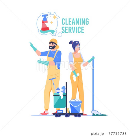 Flat cartoon cleaning service employee characters,vector illustration concept 77755783