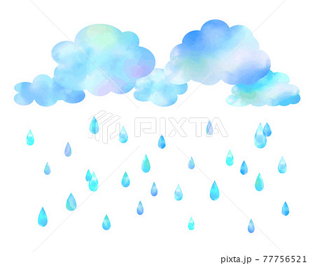 手描き水彩 雨雲と雨のしずくのイラストのイラスト素材