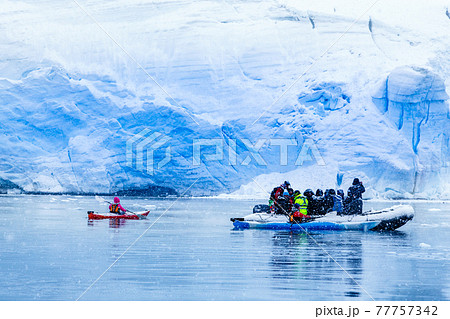 Snowfall over the motor boat with tourists and  kayaks in the lagoon with huge blue glacier wall in the background, near Almirante Brown, Antarctic peninsula 77757342