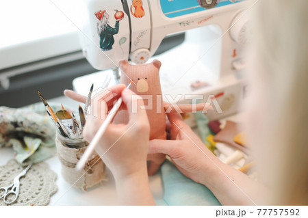 Process of making handmade teddy toy, home workshop, top view Process of making handmade teddy toy, home workshop, top view 77757592
