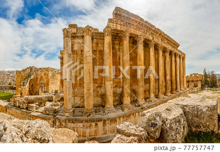 Columns of ancient Roman temple of Bacchus with surrounding ruin Columns of ancient Roman temple of Bacchus with surrounding ruin 77757747