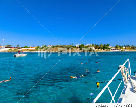 Tourists snorkeling along the coastline and enjoy the tropical island of Aruba 77757831