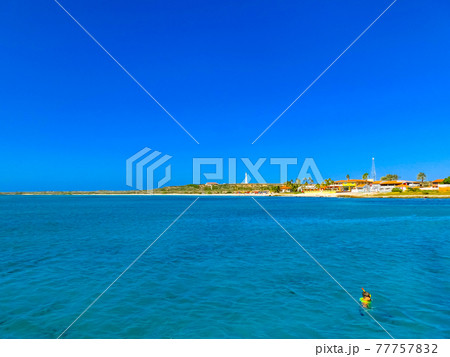 Tourists snorkeling along the coastline and enjoy the tropical island of Aruba 77757832