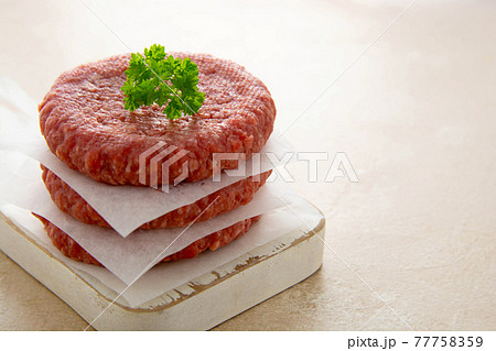 Raw minced meat for burgers. Cooking homemade burgers. Raw minced meat for burgers. Cooking homemade burgers. 77758359