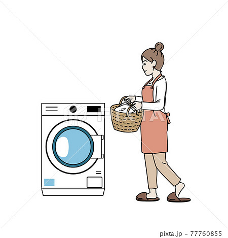 洗濯機を回す 洗濯物 主婦 女性 家事 ドラム式洗濯機 イラスト素材のイラスト素材