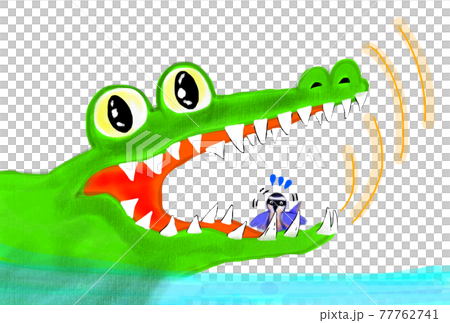 ワニの歯磨きをしている鳥の手描きイラスト のイラスト素材