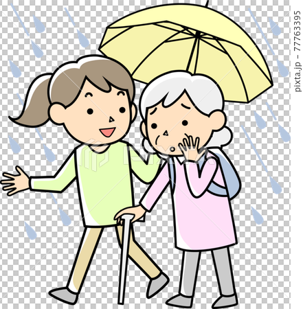 豪雨の中で高齢者の避難を支援する女性 77763395