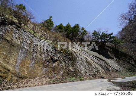 長野県 信州鬼無里から奥裾花自然園に向かう道が通る奥裾花渓谷を流れる裾花川にあるケスタ地形近くの岸壁 長野県 信州鬼無里から奥裾花自然園に向かう道が通る奥裾花渓谷を流れる裾花川にあるケスタ地形近くの岸壁 77765000