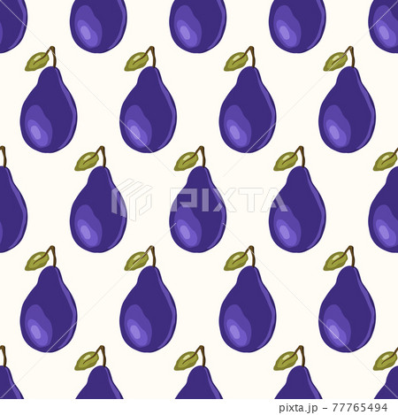Seamless pattern with plum on white background. Natural delicious fresh ripe tasty fruit. Vector illustration for print, fabric, textile, banner, other design. Stylized plums with leaves. 77765494