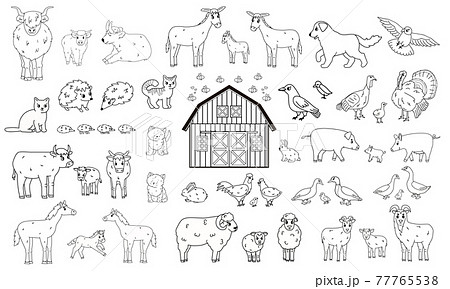 Set of outline cartoon farm animals. Vector collection of wooden barn, donkey goose cow bull pig hog chicken hen rooster goat sheep duck horse turkey cat dog hedgehog rabbit bunny birds 77765538