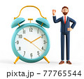 3D illustration of smiling man showing ok gesture and standing next to a huge vintage alarm clock.  77765544