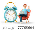 3D illustration of man with laptop showing ok gesture and sitting nearby a huge vintage alarm clock. 77765604