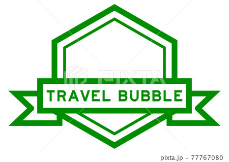 Vintage hexagon label banner with word travel bubble in green color on white background 77767080