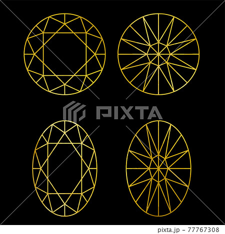 黒背景の宝石のカットのゴールド線画セット ベクター素材のイラスト素材