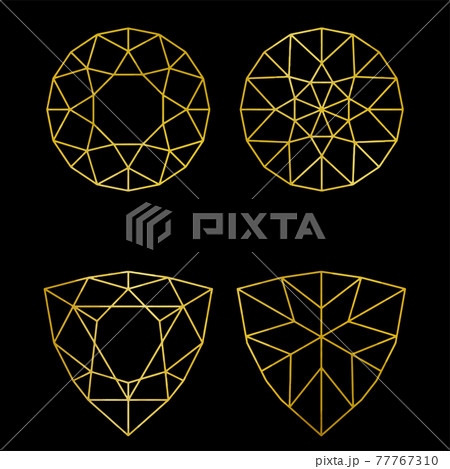 黒背景の宝石のカットのゴールド線画セット ラスター素材のイラスト素材