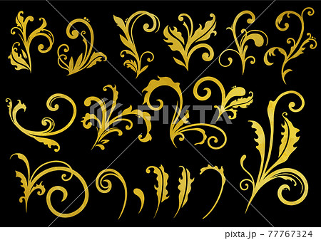 黒背景の手描きのゴールドのツタ模様セット ベクター素材のイラスト素材