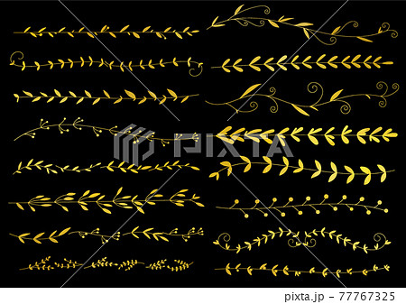 黒背景のゴールドのリーフ 植物のラインセット ベクター素材のイラスト素材