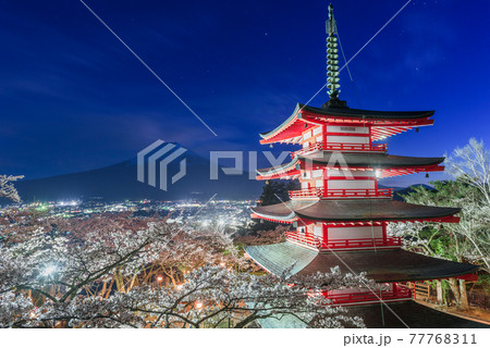 Fujiyoshida, Japan at Chureito Pagoda and Mt. Fuji in the Spring 77768311