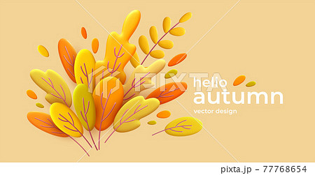 Hello Autumn 3d minimal background with autumn yellow, orange leaves. 3d Fall leaves background for the design of Fall banners, posters, advertisements, cards, sales. Vector illustration 77768654