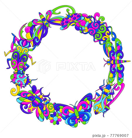 Decorative frame with stylized bugs and insects. Mexican ceramic cute naive art. 77769007