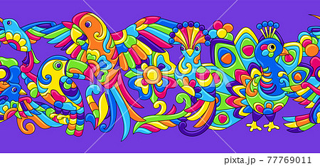 Seamless pattern with tropical birds. Mexican ceramic cute naive art. Seamless pattern with tropical birds. Mexican ceramic cute naive art. 77769011