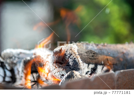 Close up of brightly burning wooden logs with yellow hot flames of fire. 77771181