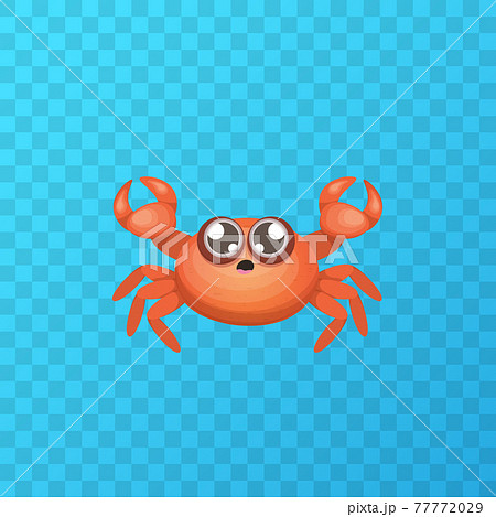 Cartoon red crab character with claws isolated on transparent grid backgound. Water animal sign. Seafood icon or logo 77772029