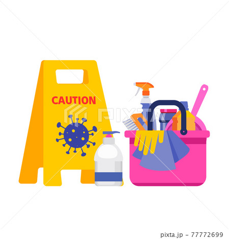 Coronavirus epidemic warning sign and Hand sanitizer gel against Coronavirus. Flat Vector illustration isolated on white background 77772699